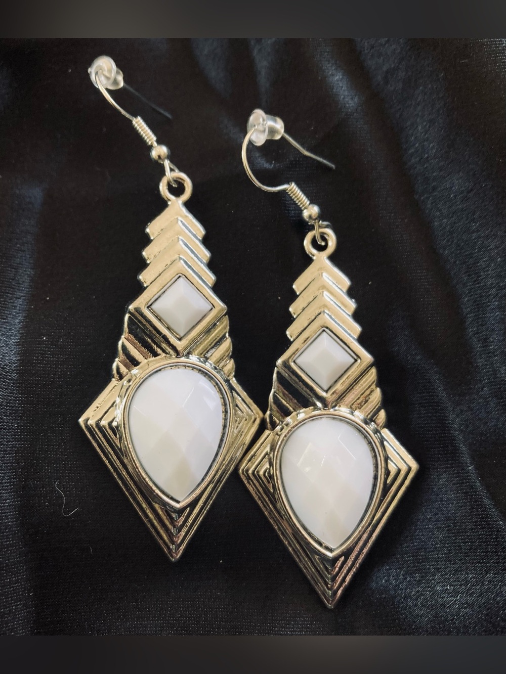 Silver-Tone Teardrop Dangle Geometric Earrings w/ White Stone Accents